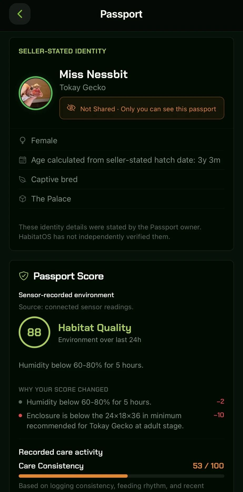 A HabitatOS Passport for Miss Nessbit, a Tokay gecko: not shared, with a habitat quality score of 88
